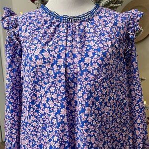J.Crew Blue Pink Floral Ruffled Long Sleeved Blouse Size XL